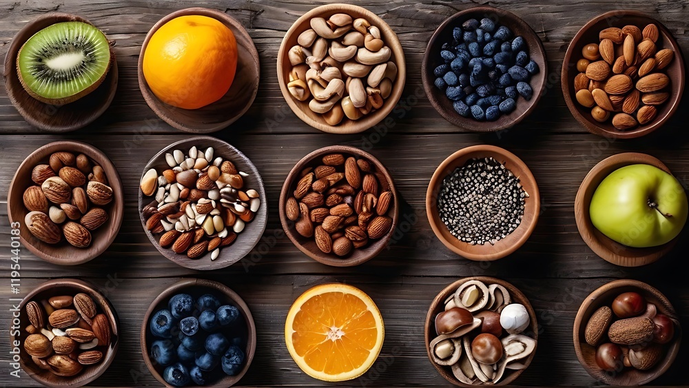 various healthy snacks including nuts, fruit, and berries are arranged on a wooden table various healthy snacks including nuts, fruit, and berries are arranged on a wooden table