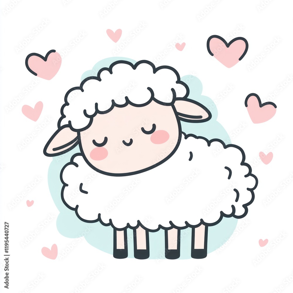 Cute cartoon lamb surrounded by hearts, digital illustration, pastel background, children's book Cute cartoon lamb surrounded by hearts, digital illustration, pastel background, children's book