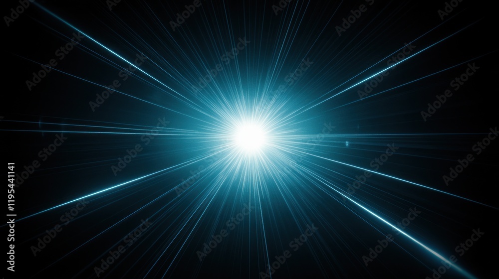 Fototapeta premium Bright cyan light burst radiating from center on black background.