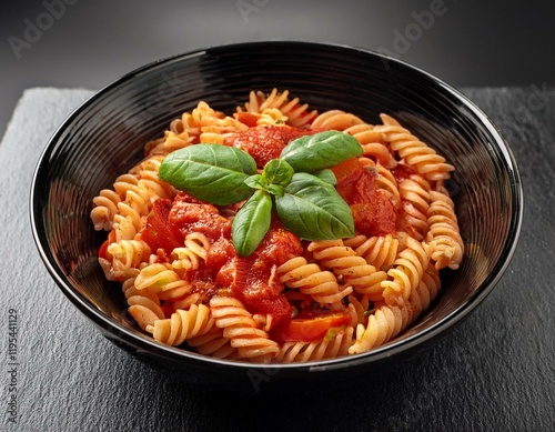 delicious spiral pasta with tomato sauce and fresh basil in a modern black bowl for culinary inspirations photo