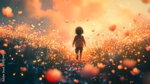 A child walking through a 3D flower meadow with glowing petals floating into the air, their face filled with awe and curiosity photo