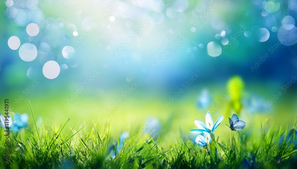 Obraz premium 天気の良い春の日の緑の野原の風景。小さく青い花がが咲くかわいい雰囲気のイラスト画像。AIで生成 
