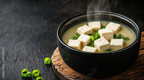 Diet food, A high-fidelity image of a steaming bowl of miso soup with tofu cubes, showcasing delicious and appetizing food presentation.