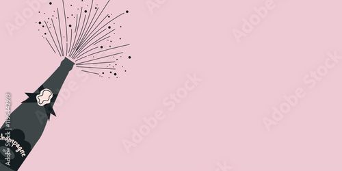 Champagne bottle explosion. Festive background with place for text. Celebration concept. Hand drawn vector illustration. Used for bar and restaurant menu, poster, banner.