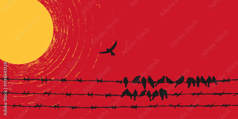 concept freedom, flight, breaking barriers, liberation, victory. bird fly to sun from barbed wire and group crowd Addiction Recovery Dispersion black and white effect