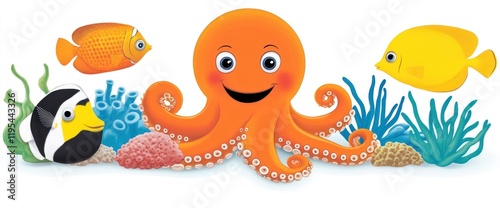Happy orange octopus with fish and coral reef.