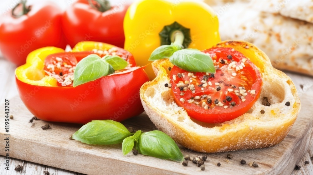 Toasted bread with tomato and pepper slices, garnished with sesame seeds and basil. Toasted bread with tomato and pepper slices, garnished with sesame seeds and basil.