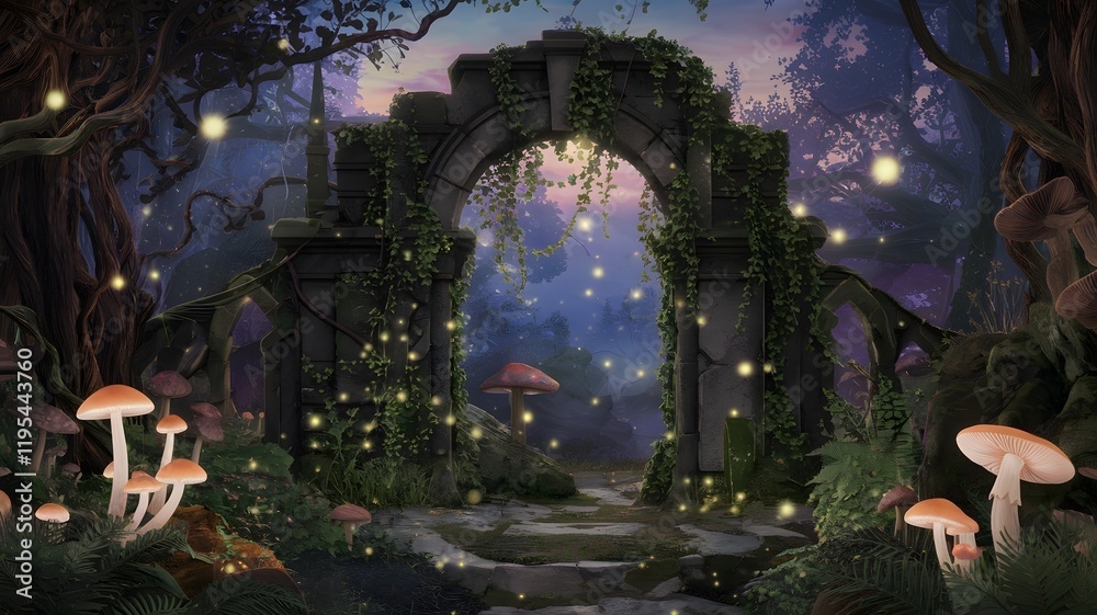 Pixel art of an archway in a forest with mushrooms and fireflies Pixel art of an archway in a forest with mushrooms and fireflies