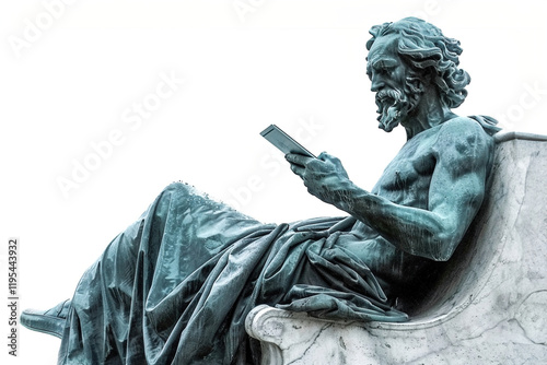 Marble statue of an ancient Greek philosopher seated with a marbler laptop open