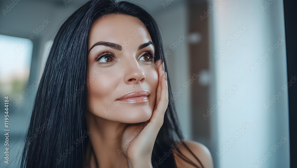 A beautiful middle-aged woman smiles at her reflection, embracing natural beauty and happiness. An idea for organic hair care products promoting health and wellbeing. A beautiful middle-aged woman smiles at her reflection, embracing natural beauty and happiness. An idea for organic hair care products promoting health and wellbeing.