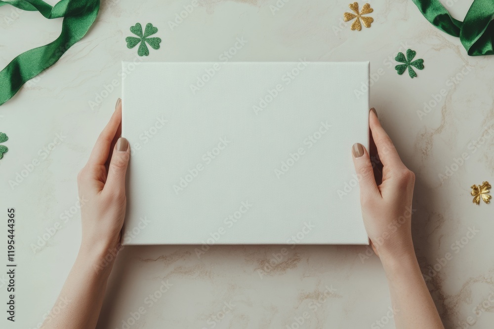 Obraz premium St. Patricks Day Holiday Art Female Hands Holding Green Shamrock Frame on Canvas