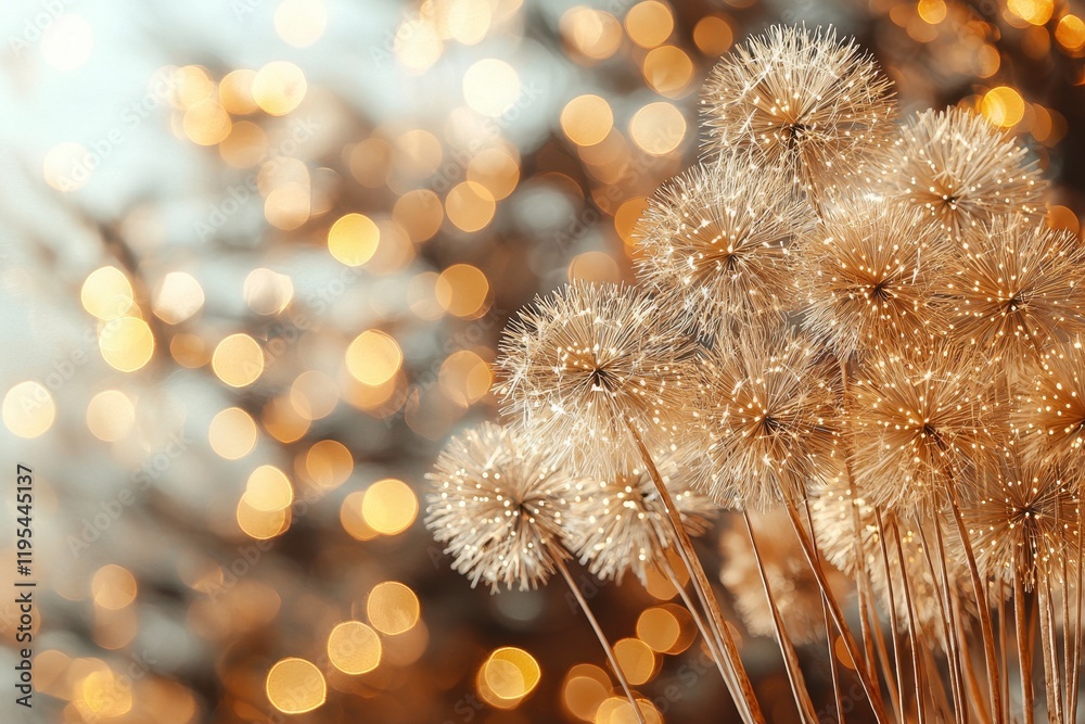 Obraz premium Delicate Dandelion Seeds with Rich Golden Bokeh Background, Creating a Dreamy and Ethereal Atmosphere of Nature's Beauty and Tranquility