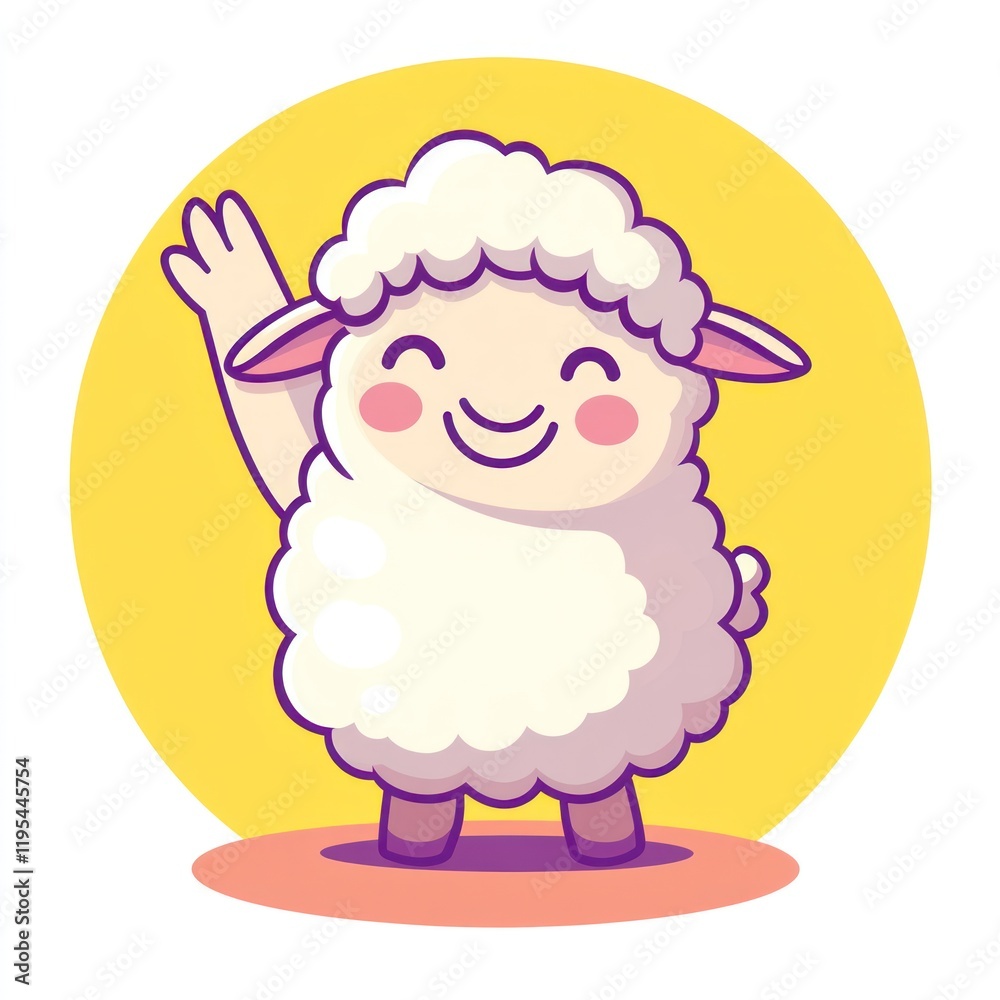 Cartoon sheep waving in a yellow circle on a white background, for children's illustration Cartoon sheep waving in a yellow circle on a white background, for children's illustration
