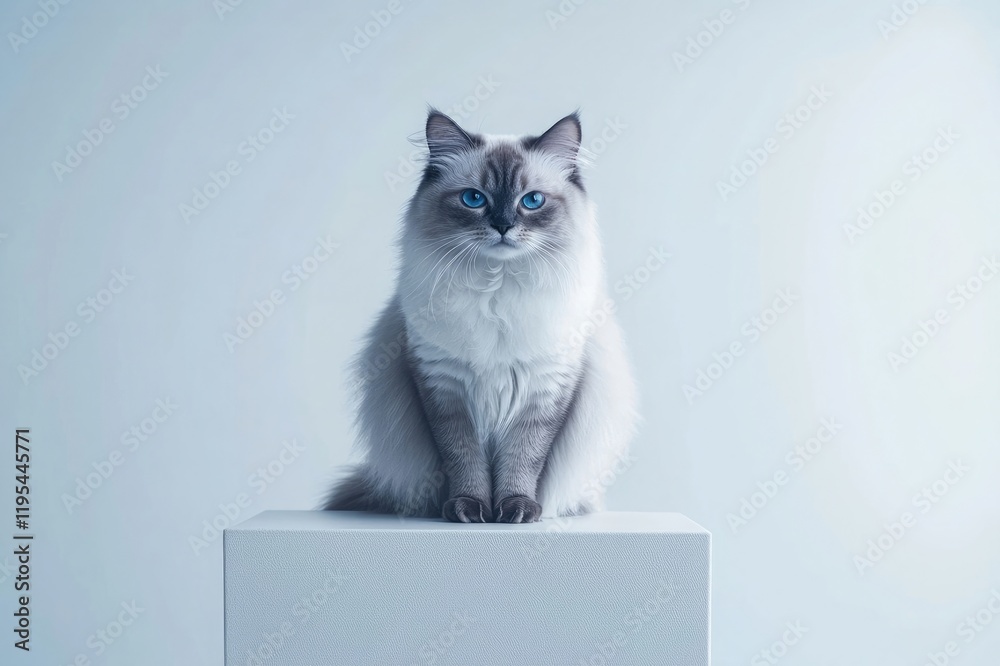 Shot of a gray cat with blue eyes, sitting on the edge of an empty white table, isolated against a clean background Shot of a gray cat with blue eyes, sitting on the edge of an empty white table, isolated against a clean background