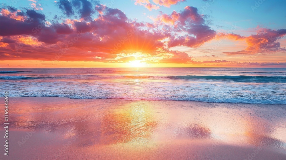 Obraz premium Spectacular Sunset Over Ocean Beach: A Serene Coastal Paradise