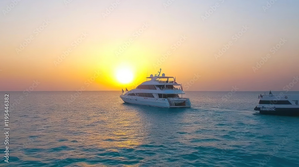 Luxury yacht sailing at sunset, followed by a smaller boat.