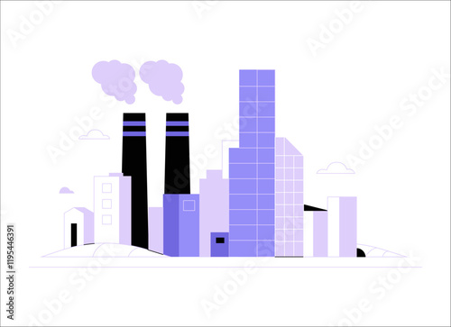 Industrial Buildings With Smokestacks In Flat Vector Illustration Symbolizing Urban Industry And Environmental Impact, Isolated On White Background