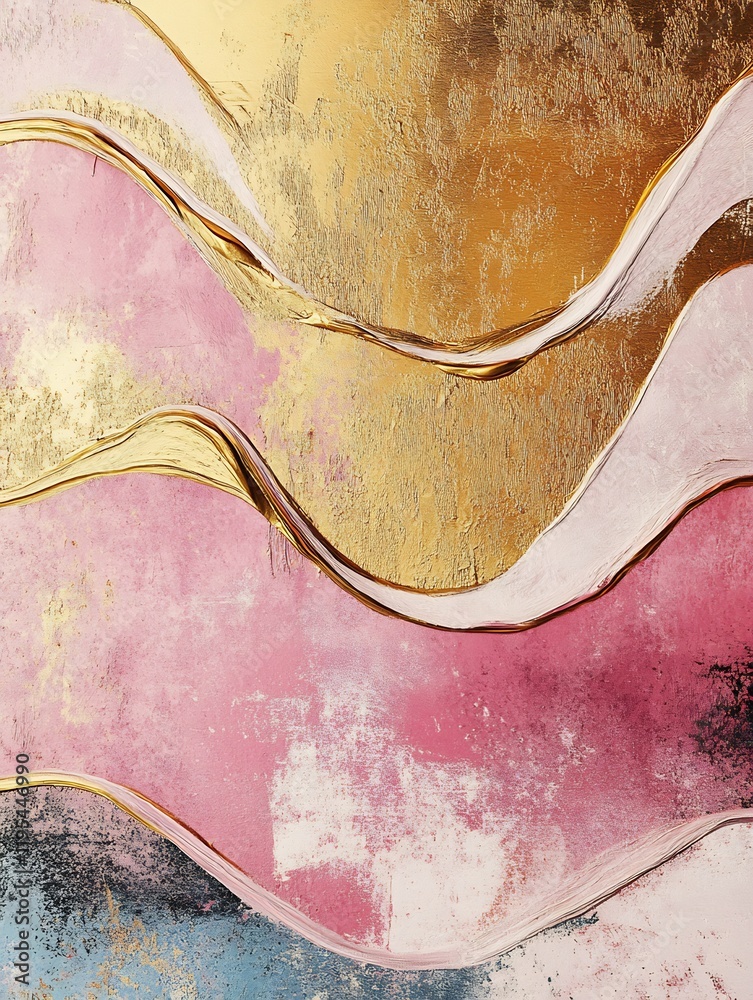 Obraz premium Abstract Gold Pink Waves Fluid Art Painting. AI Generated