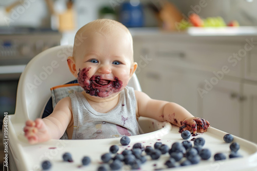 Playful Baby Enjoying Blueberries in a Modern Kitchen Setting photo