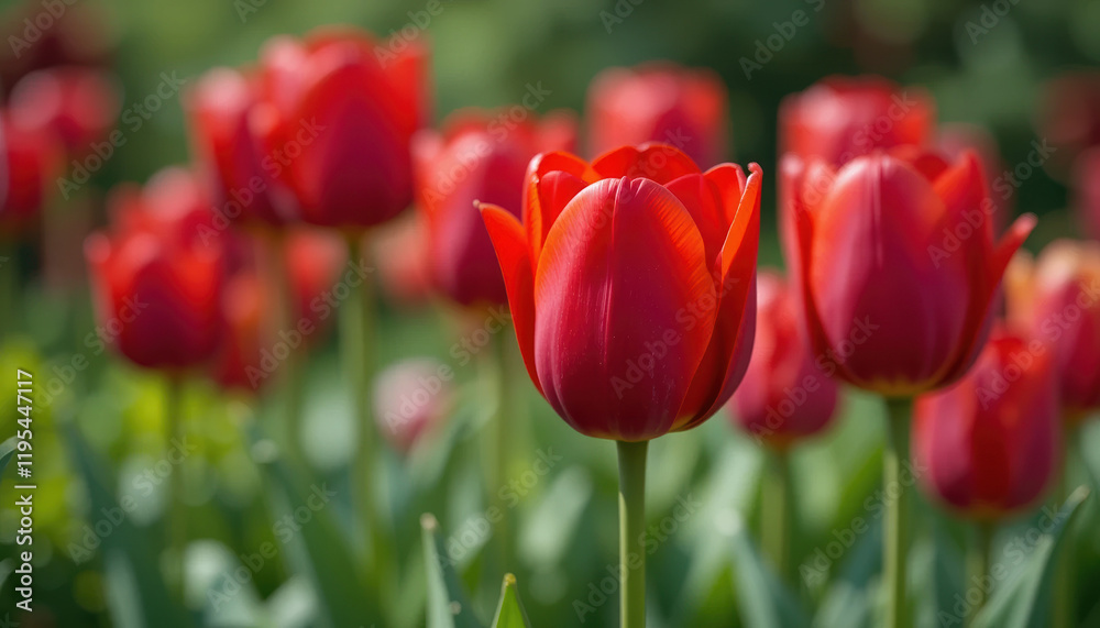 Close-Up Shot of Vibrant Tulips in Garden with Blurred Greenery Background