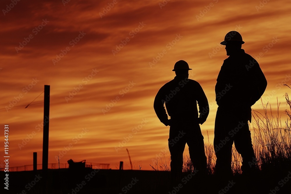 Silhouetted Construction Workers at Sunset Silhouetted Construction Workers at Sunset