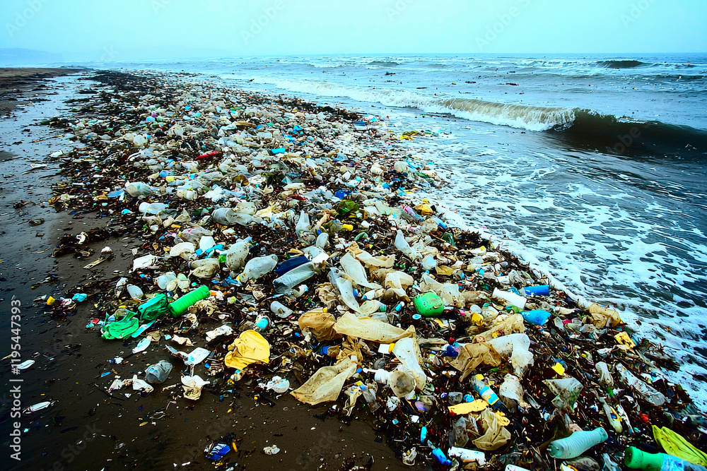 Polluted Beach Covered in Plastic Waste Polluted Beach Covered in Plastic Waste
