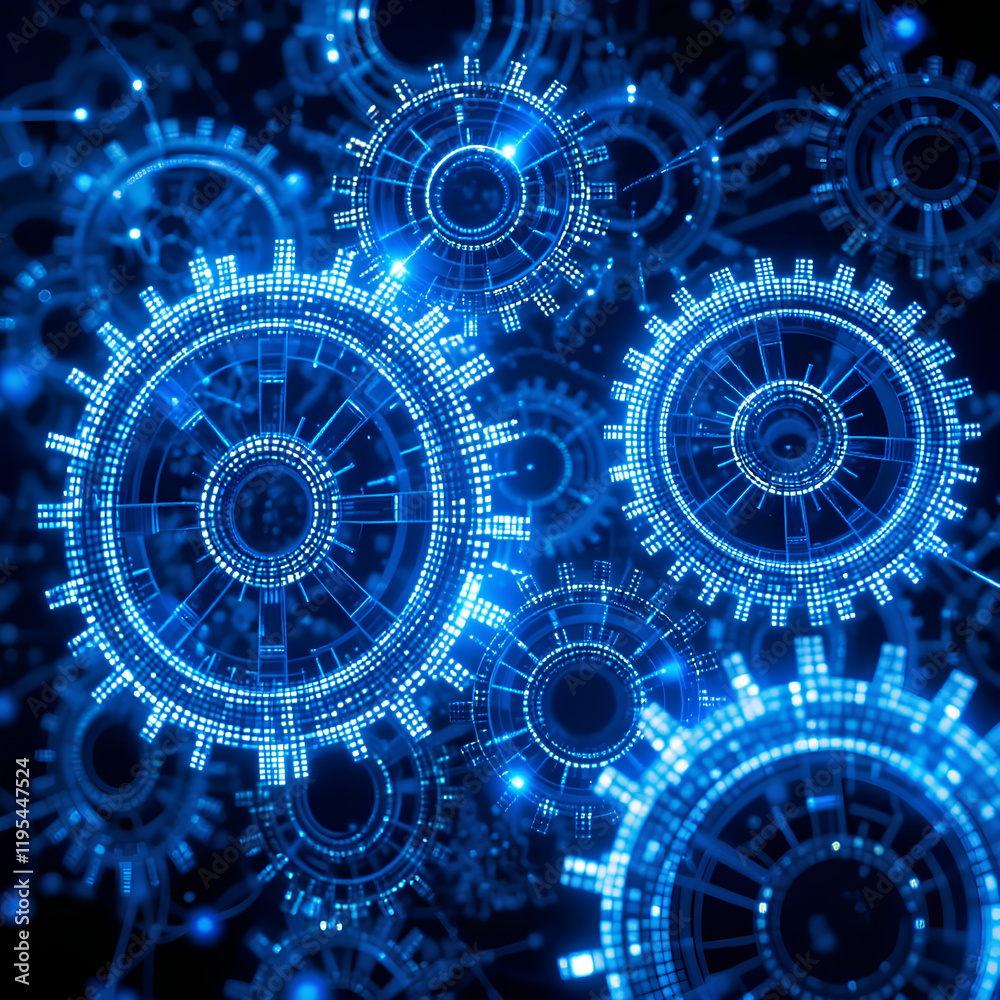 Abstract glowing blue digital gears representing collaboration and innovation in AI and futuristic technology Abstract glowing blue digital gears representing collaboration and innovation in AI and futuristic technology