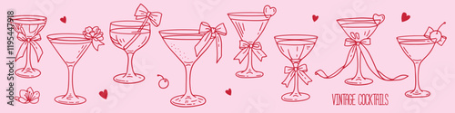 Cute vintage cocktail elements decorated with coquette bows, ribbons. Flowers, hearts, cherry with champagne and martini glasses. Elegant Hand drawn line art vector illustrations for Valentine's day.