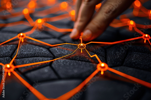 Close-up of hands analyzing blockchain nodes on a digital screen, futuristic data interface. photo