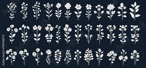 Collection of white flowers and plants on dark background.