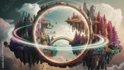 A circular portal floating in the air glows softly, hinting at a surreal, colorful world on the other side. Swirling energy surrounds the portal.