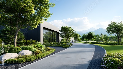 Aerial view of a modern eco industrial park featuring energy efficient buildings lush landscaping and innovative geothermal power technology