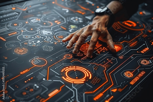 Close-up of hands analyzing blockchain nodes on a digital screen, futuristic data interface. photo