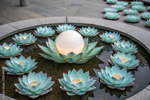 A group of delicate pale blue-green lotus flowers arranged in a spiral pattern around a central glowing orb, mystical, luminescent, magical photo