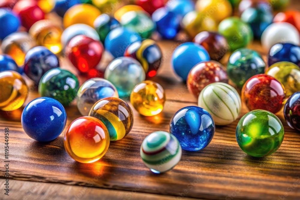 A group of marbles in different colors and sizes are scattered on a wooden table, composition, color, marble A group of marbles in different colors and sizes are scattered on a wooden table, composition, color, marble