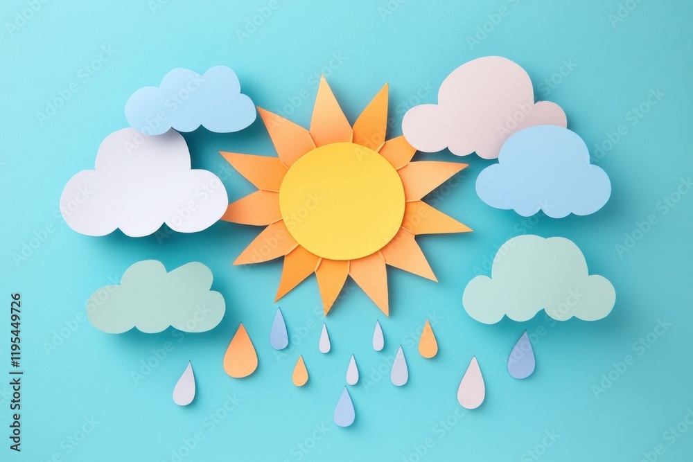 Cheerful Sun and Clouds Paper Illustration Cheerful Sun and Clouds Paper Illustration