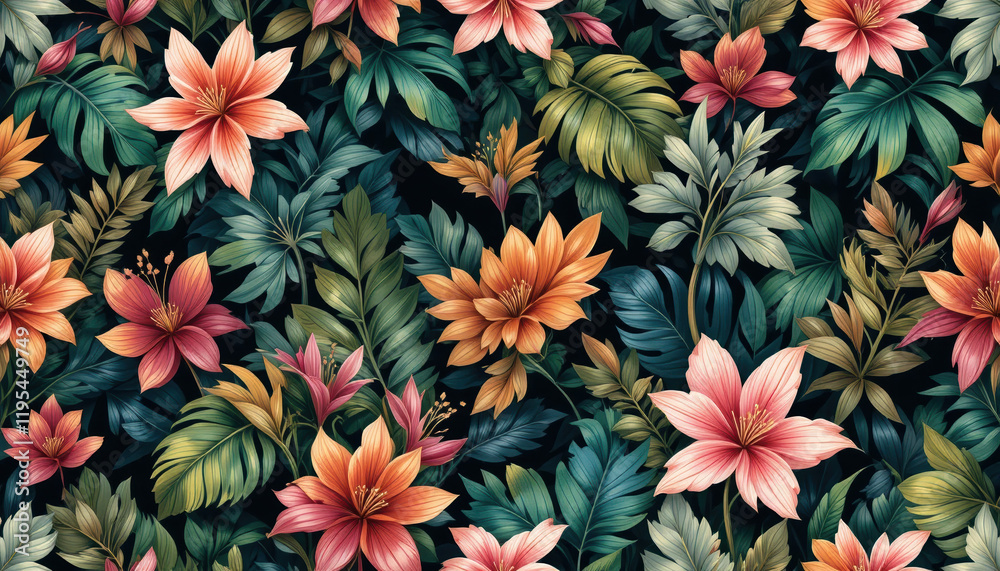 Seamless Repeating Pattern of Tropical Leaves and Exotic Flowers Seamless Repeating Pattern of Tropical Leaves and Exotic Flowers