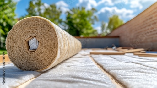 A rolled insulation material on a construction site, surrounded by tools and greenery. photo