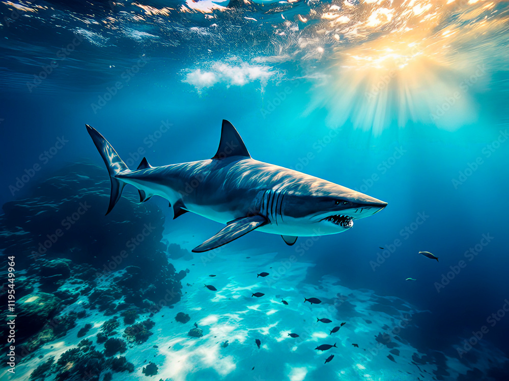 Obraz premium Ocean shark bottom view from below.