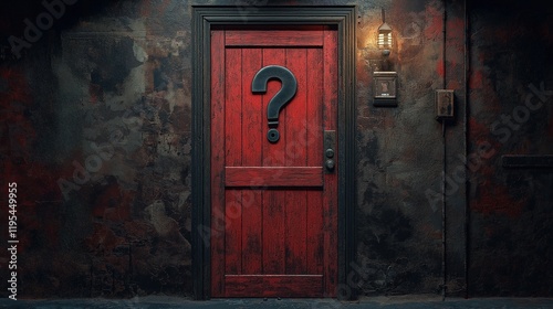A set of three rustic blue wooden doors, each marked with a large question mark, surrounded by a mysterious and overgrown atmosphere.