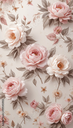 Wallpaper Mural Soft Floral Wallpaper with Delicate Roses and Peonies in Muted Tones Torontodigital.ca
