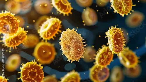 Microscopic view of vibrant, floating pollen grains in detail.