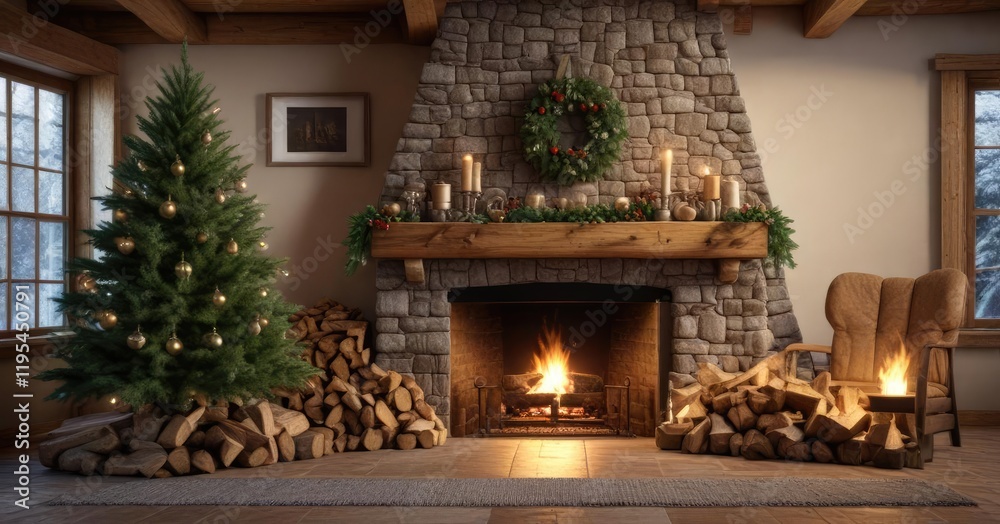 A large Christmas tree is situated in front of a stone fireplace with logs stacked beside it, outdoor, forest, winter A large Christmas tree is situated in front of a stone fireplace with logs stacked beside it, outdoor, forest, winter