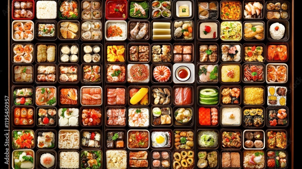 Fototapeta premium Assorted Asian cuisine dishes in small containers, arranged in a grid pattern.
