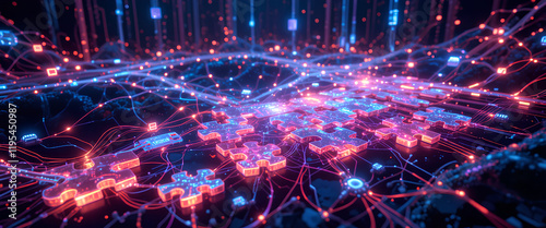 Futuristic digital network of glowing puzzle pieces showcasing connectivity, collaboration, problem-solving, and innovation