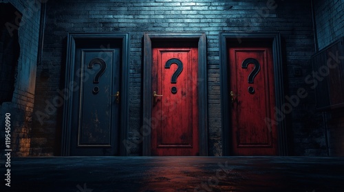 A set of three rustic blue wooden doors, each marked with a large question mark, surrounded by a mysterious and overgrown atmosphere.