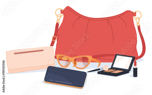 The contents of a woman handbag. Fashionable leather accessories. Cosmetics, smartphone, glasses. Vector illustration