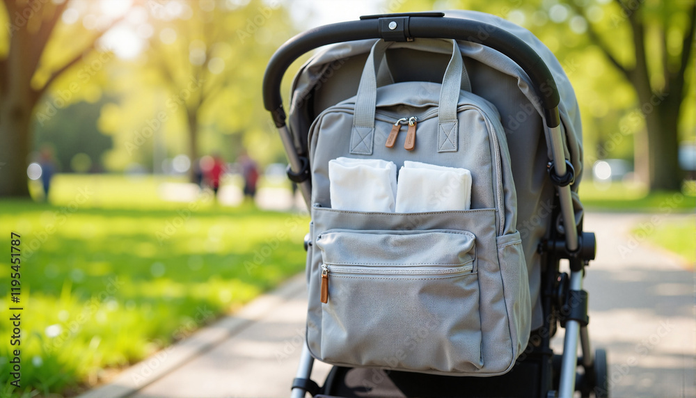 custom made wallpaper toronto digitalDiaper bag hanging on stroller in urban park, convenience for parents