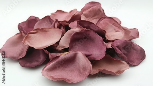 Pile of soft fabric rose petals in shades of pink and mauve against a white background