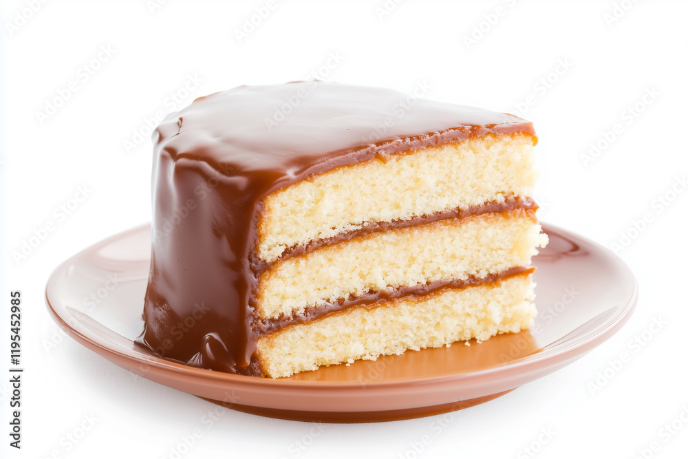 A slice of cake with three layers, covered in a glossy chocolate ganache, served on a brown plate. The cake has a light yellow sponge and rich chocolate filling. A slice of cake with three layers, covered in a glossy chocolate ganache, served on a brown plate. The cake has a light yellow sponge and rich chocolate filling.